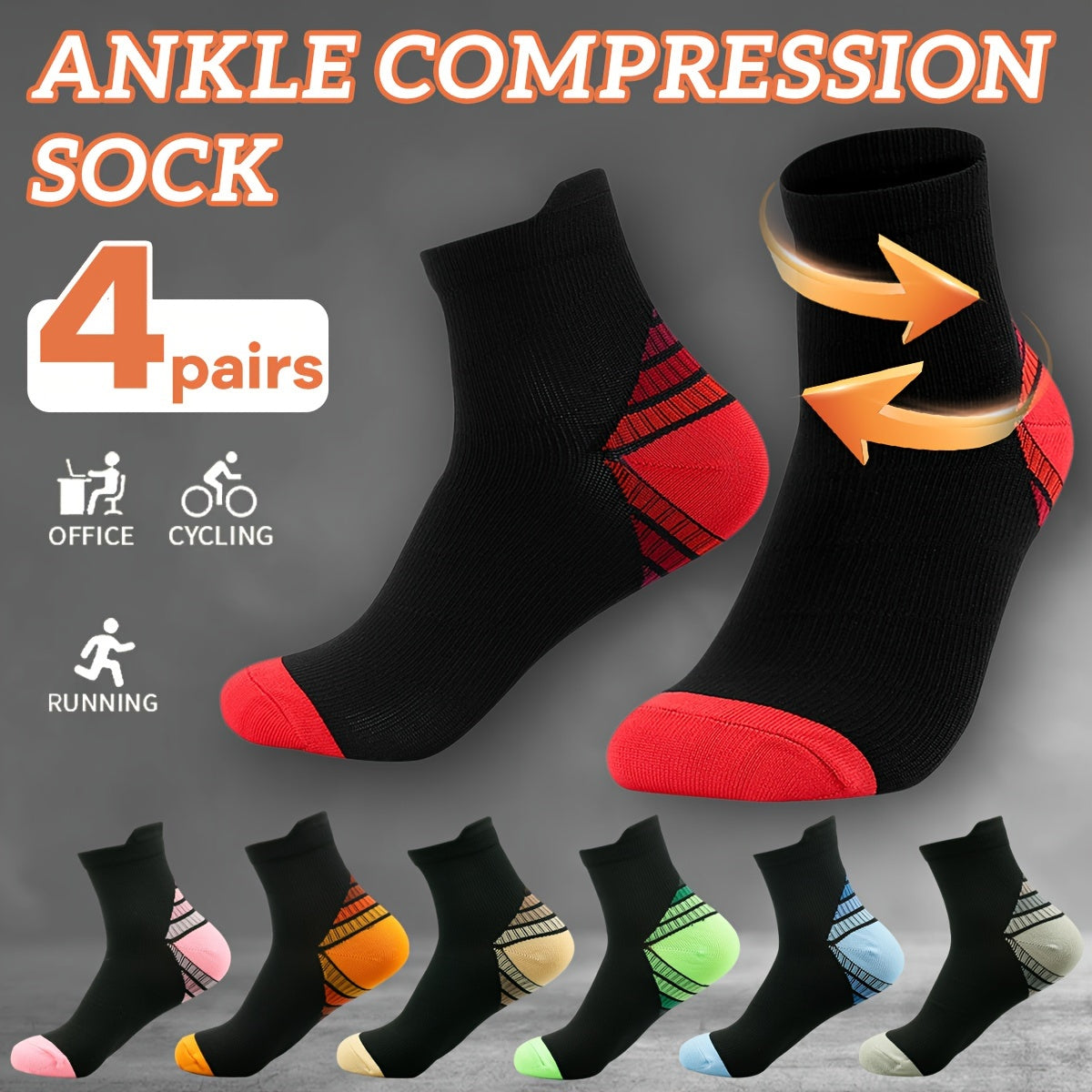 4 Pairs Ankle Compression Socks Arch Support Sports Socks