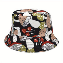 Mushroom Print Reversible Bucket Hat Unisex Outdoor Sun Cartoon Basin Hat