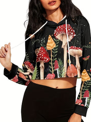 Women's Cropped Long Sleeve Mushroom Print Hoodie