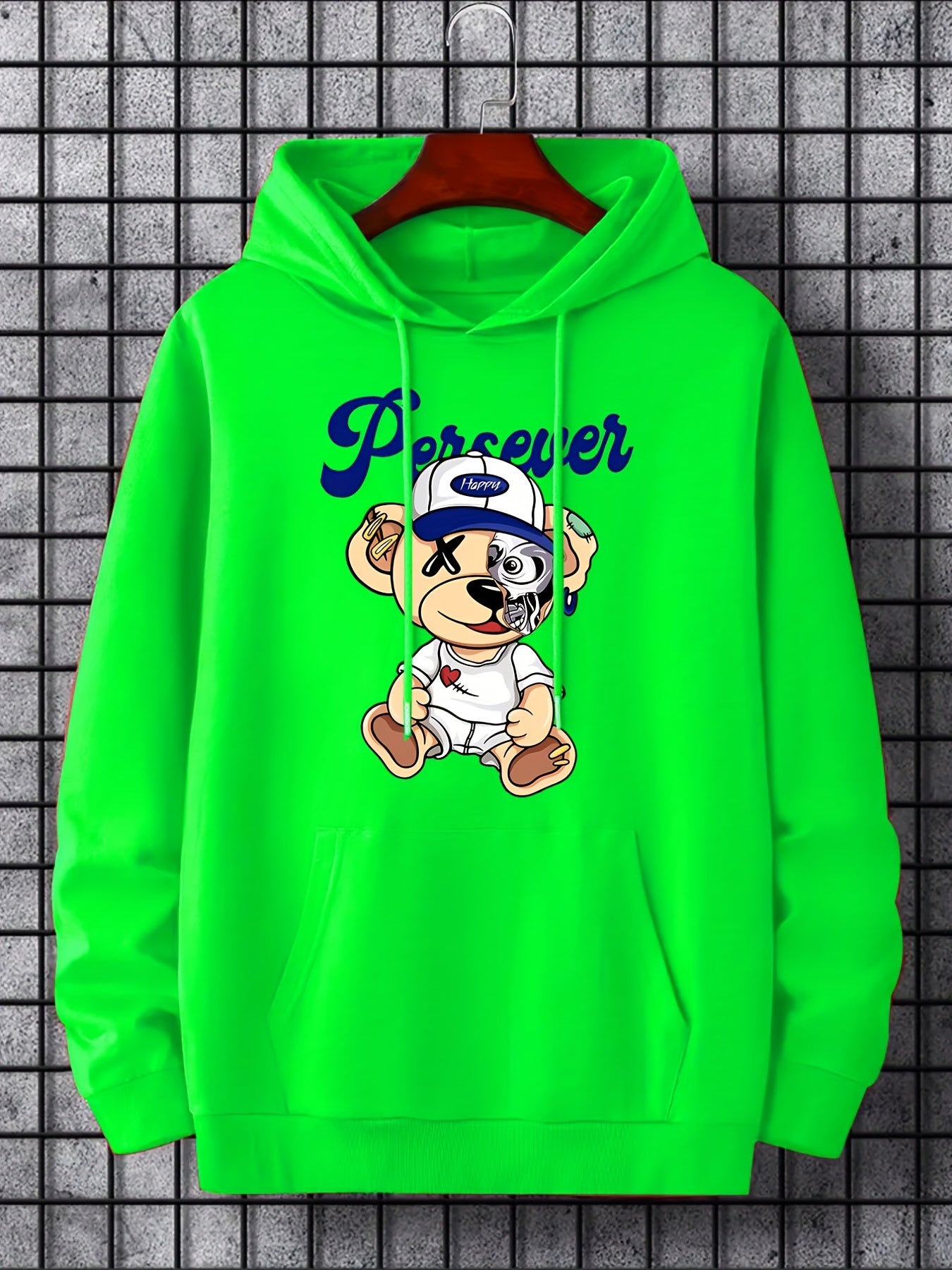 Teddy Bear Print Hoodie Men's Casual Pullover Hooded Sweatshirt