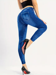 Denim Print High Waist Skinny Leggings Vintage Stretchy Leggings