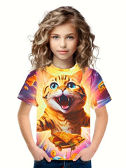 3D Kitty Graphic Crew Neck Short Sleeve T shirt