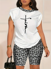 Letter Print Tee & Full Printed Shorts Set Women's Outfit