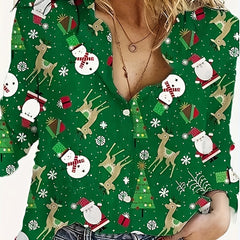 Christmas Casual Blouse Women's Plus Snowman & Elk Print Button Up