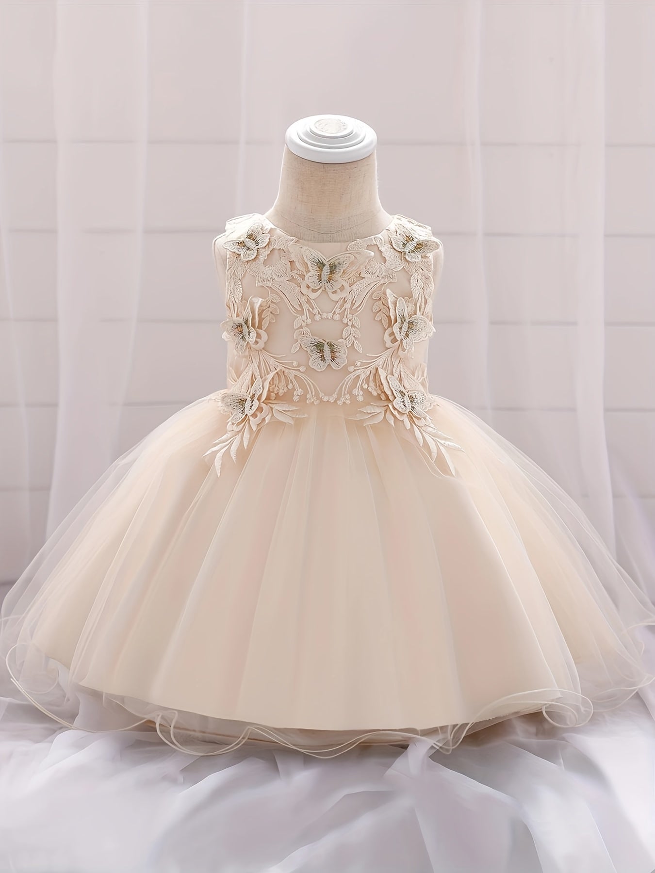 Girls Sleeveless Princess Dress Flower Embroidery Bow Tulle Tutu Dress