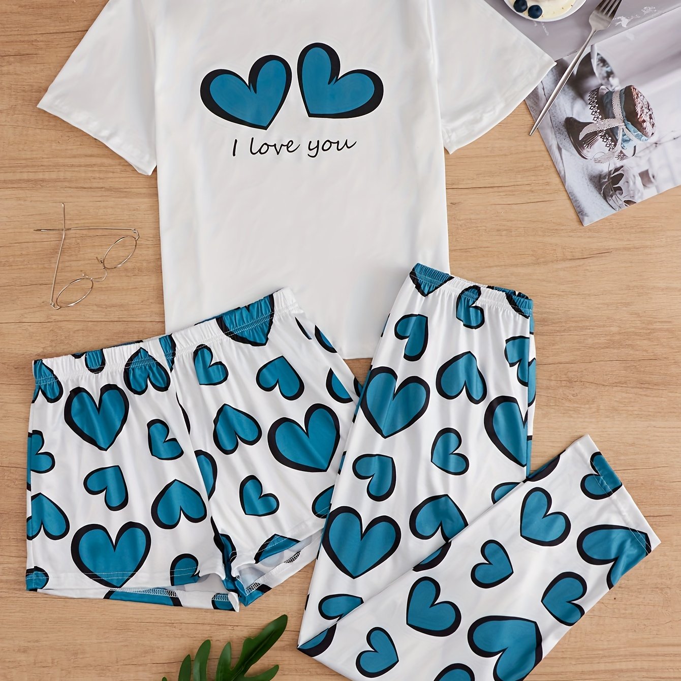 Heart Print Pajamas Set Short Sleeve Top & Shorts & Pants