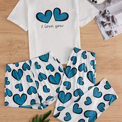 Heart Print Pajamas Set Short Sleeve Top & Shorts & Pants