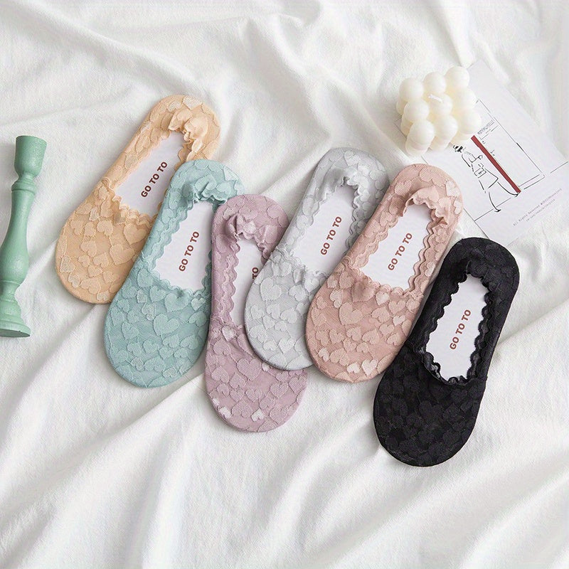 6 Pairs Heart Mesh Socks Lace Ankle No Show Women's Stockings