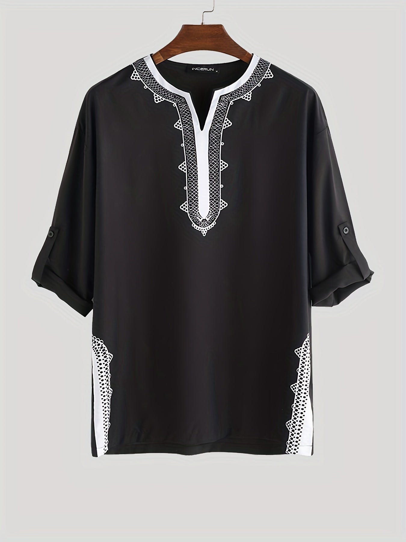 Men's Casual Ethnic 3 4 Sleeve Stand Collar Shirt Vintage Trachten Shirt