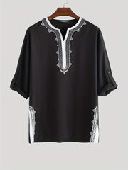 Men's Casual Ethnic 3 4 Sleeve Stand Collar Shirt Vintage Trachten Shirt