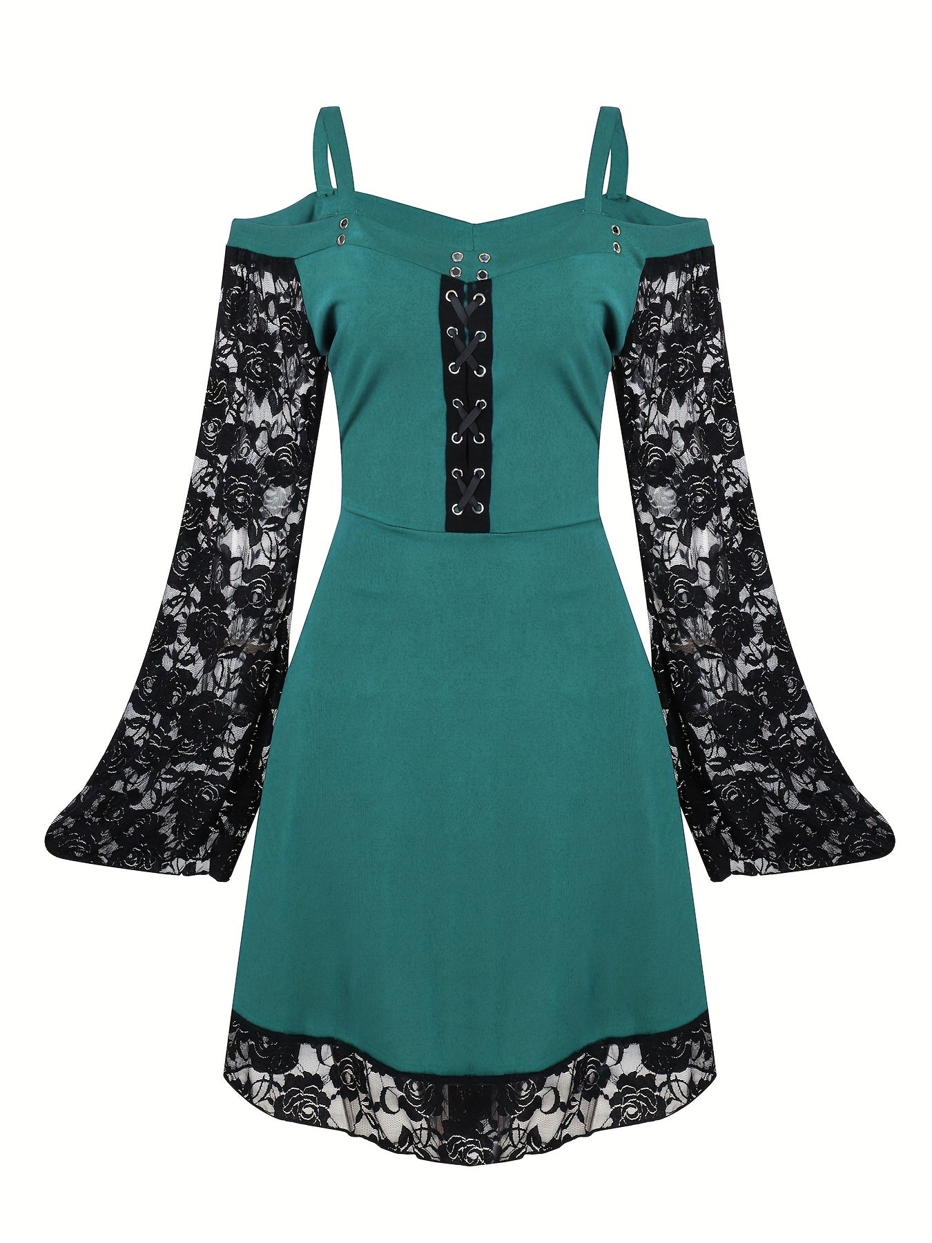Goth Dress Contrast Lace Bell Sleeve Cold Shoulder Lace Up Dress