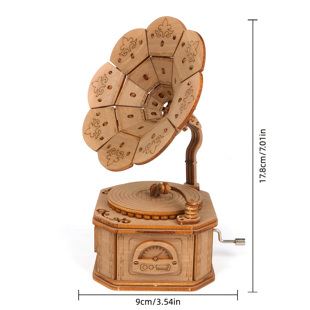 3D Wooden Puzzle Phonograph Music Box DIY Toy Desktop Decoration Or...