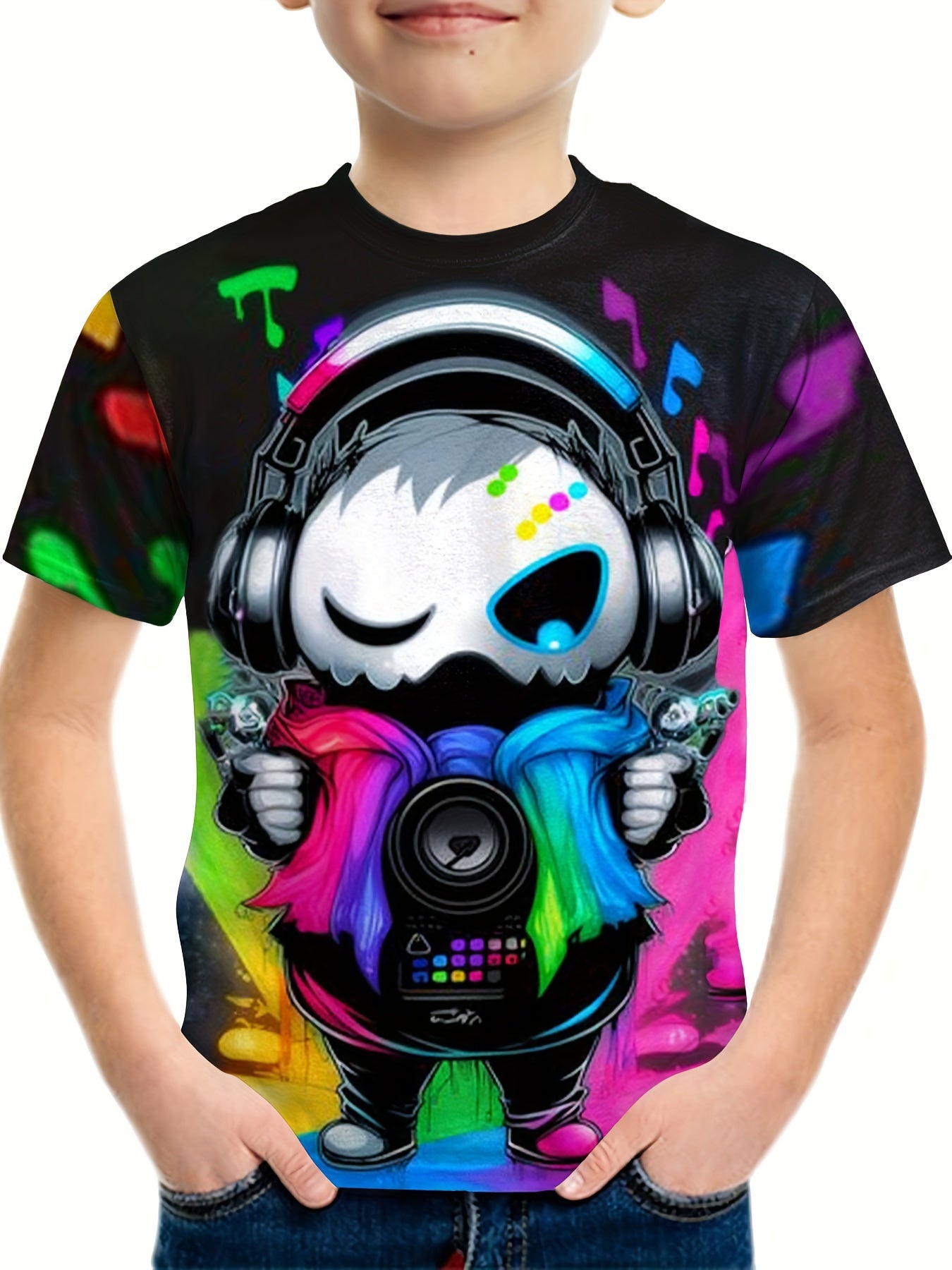 Colorful DJ Print Boy's Round Neck Casual Short Sleeve T shirt