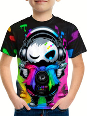 Colorful DJ Print Boy's Round Neck Casual Short Sleeve T shirt