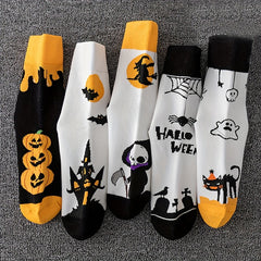 5 Pairs Skull & Bat Print Socks Halloween Crew Socks Women's Stockings