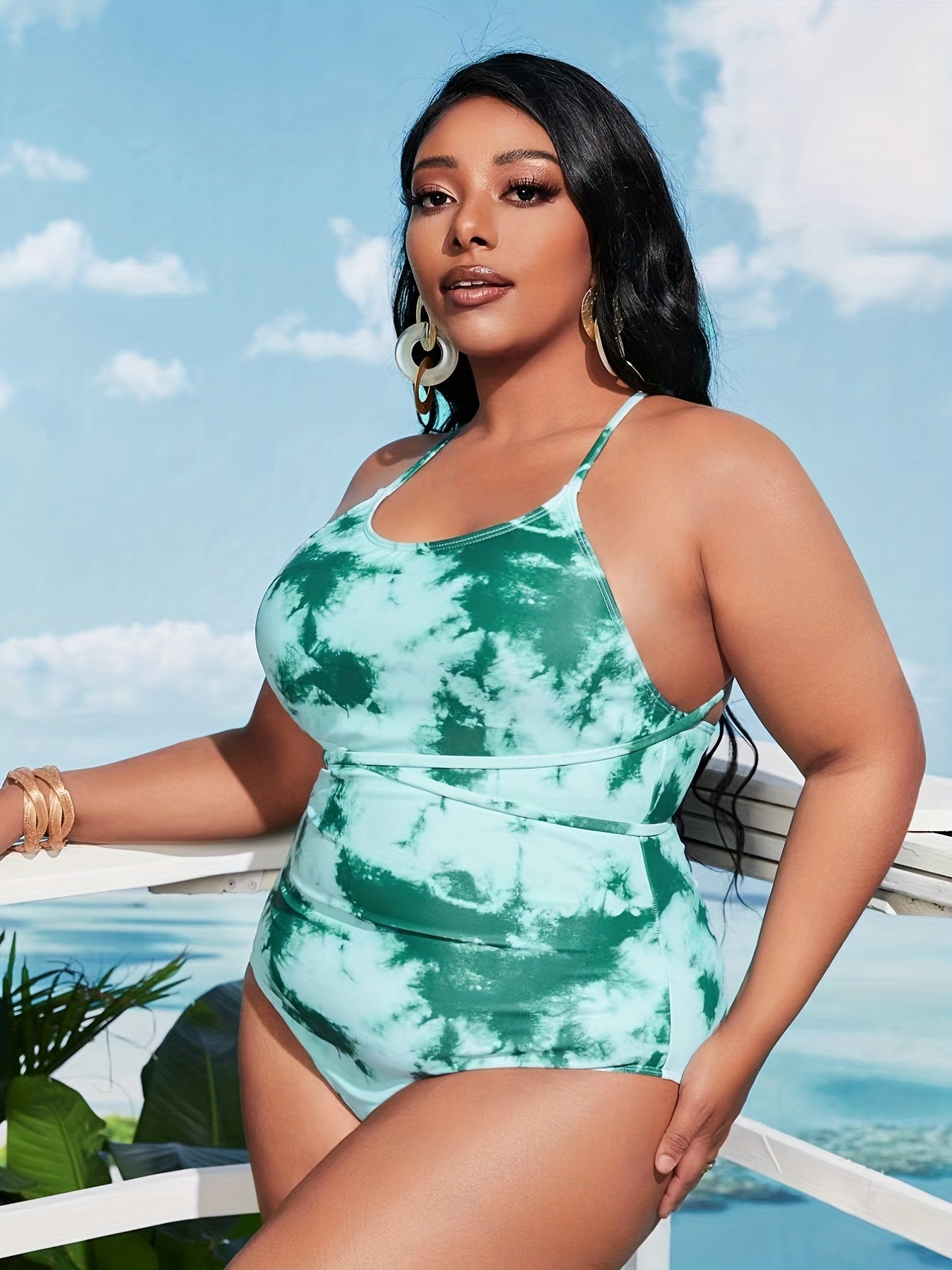 Women's Plus Tie Dye Criss Cross Scoop Neck One Piece Cami Swimsuit