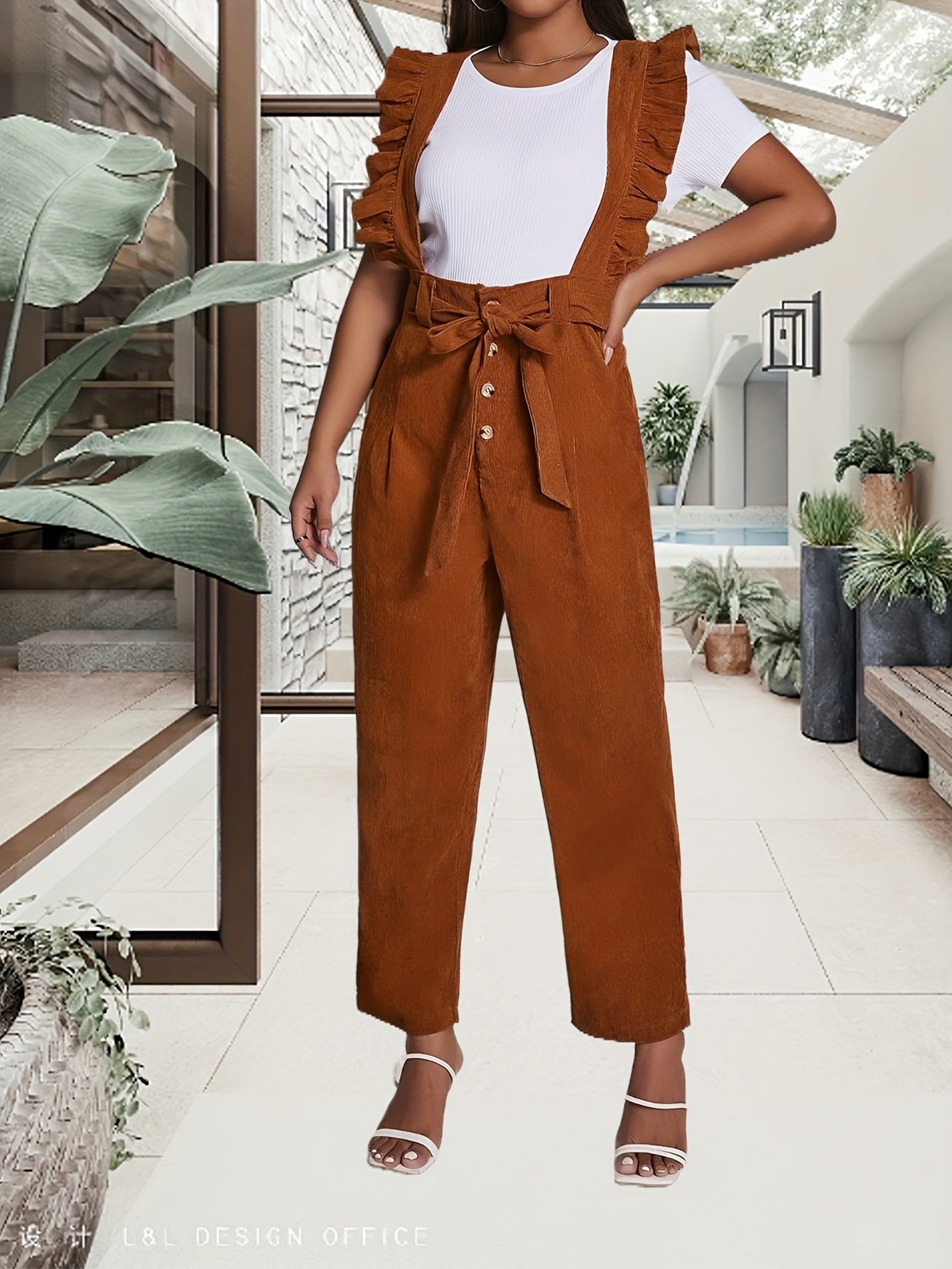 Solid Ruffle Trim Overall Jumpsuit