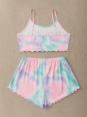 Tie Dye Print Pajamas Set Soft Cami Top & Elastic Waistband Shorts