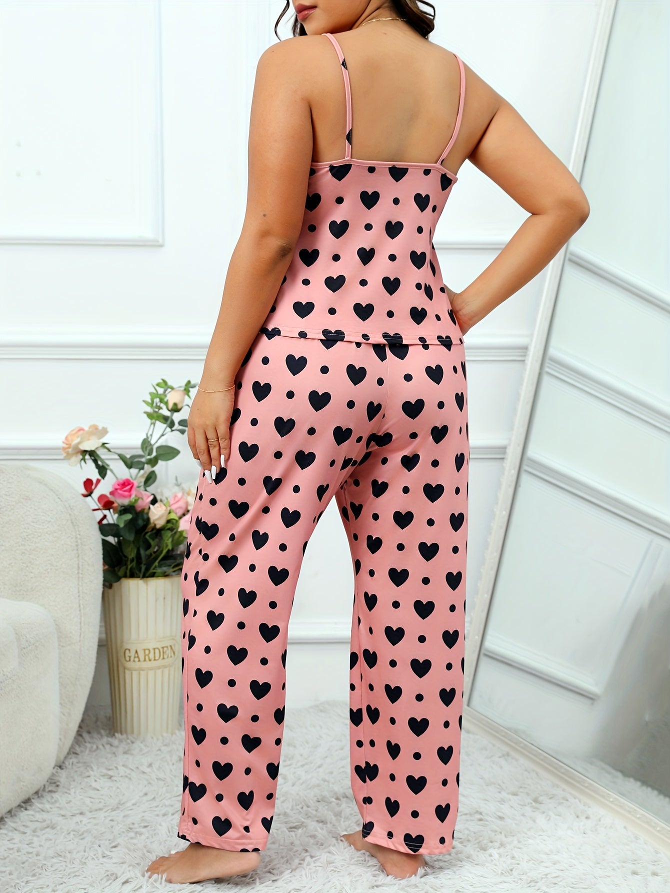 Heart & Dot Print Pajama Set - Camisole & Pants Lounge Set