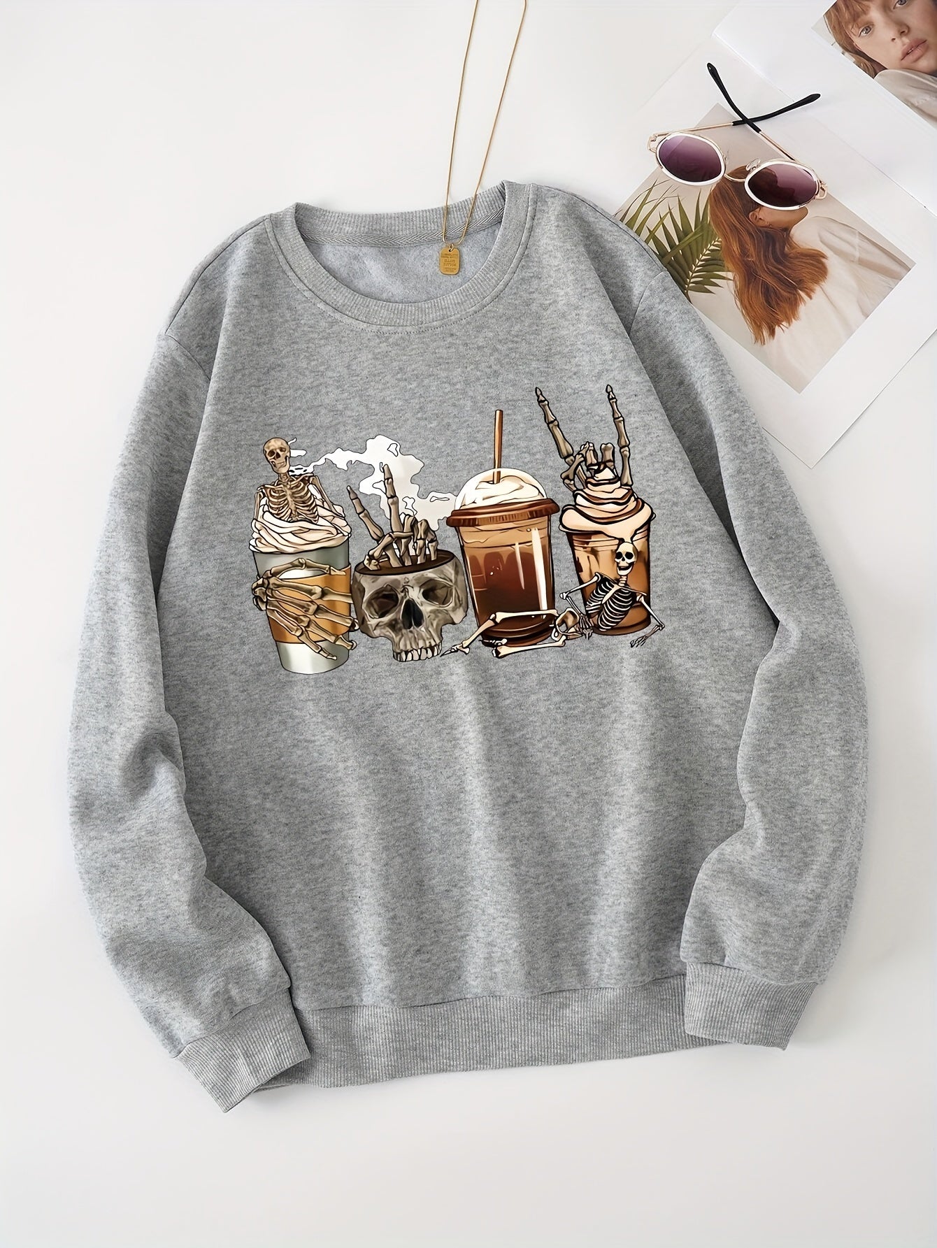 Skull Print Sweatshirt Halloween Long Sleeve Casual Sports Sweatshirt