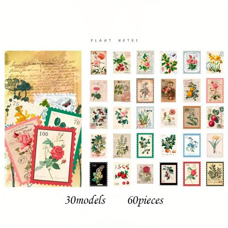 60pcs Vintage Stamp Stickers Retro Plant Mushroom for DIY Scrapbook Journal