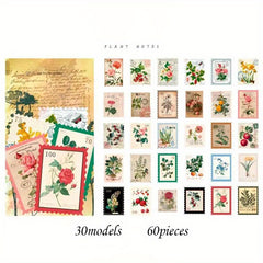 60pcs Vintage Stamp Stickers Retro Plant Mushroom for DIY Scrapbook Journal