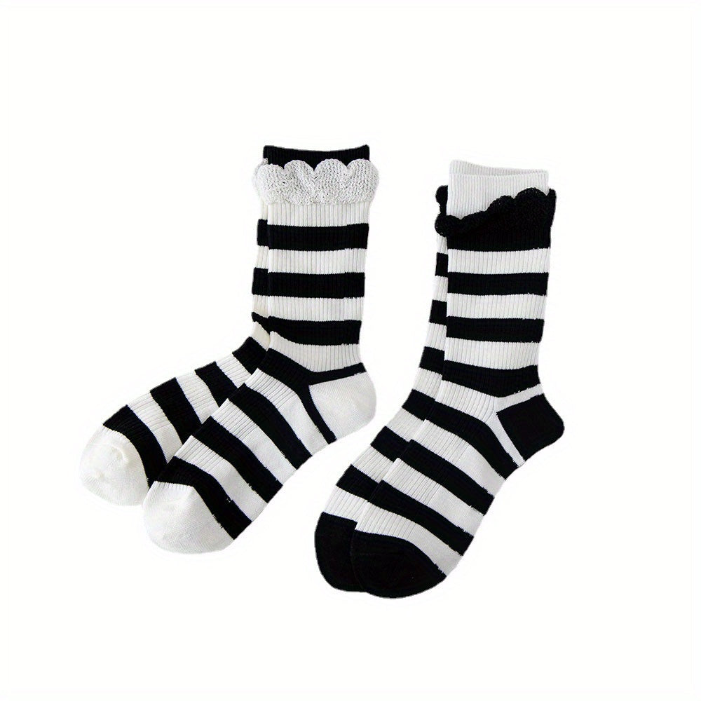 Striped Ruffle Socks 2 Pairs Comfy Mid Tube Socks Women's Stockings