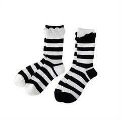 Striped Ruffle Socks 2 Pairs Comfy Mid Tube Socks Women's Stockings