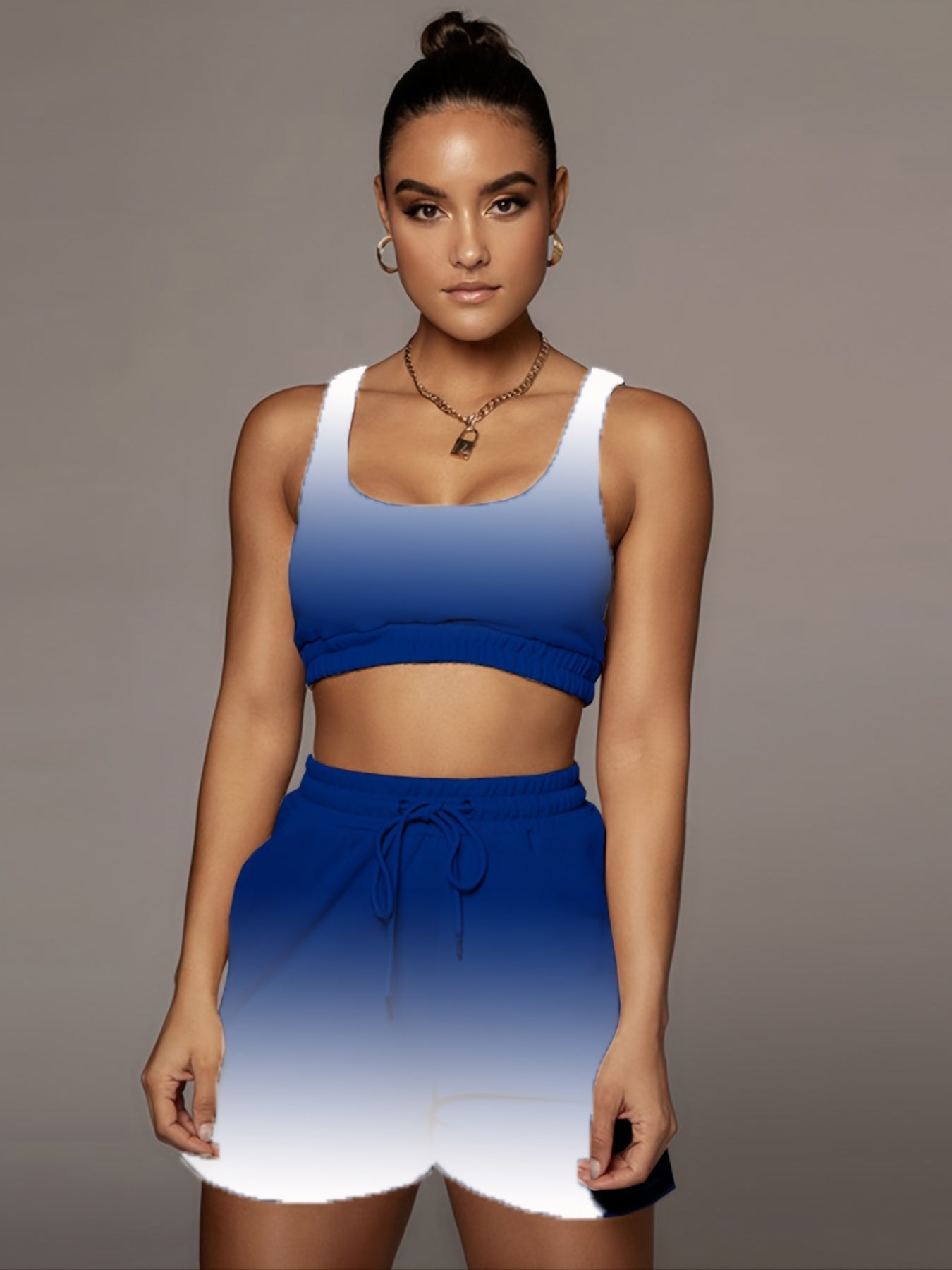 Gradient Two Piece Sport Sets Sleeveless Crop Tops & Drawstring Shorts