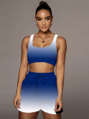 Gradient Two Piece Sport Sets Sleeveless Crop Tops & Drawstring Shorts