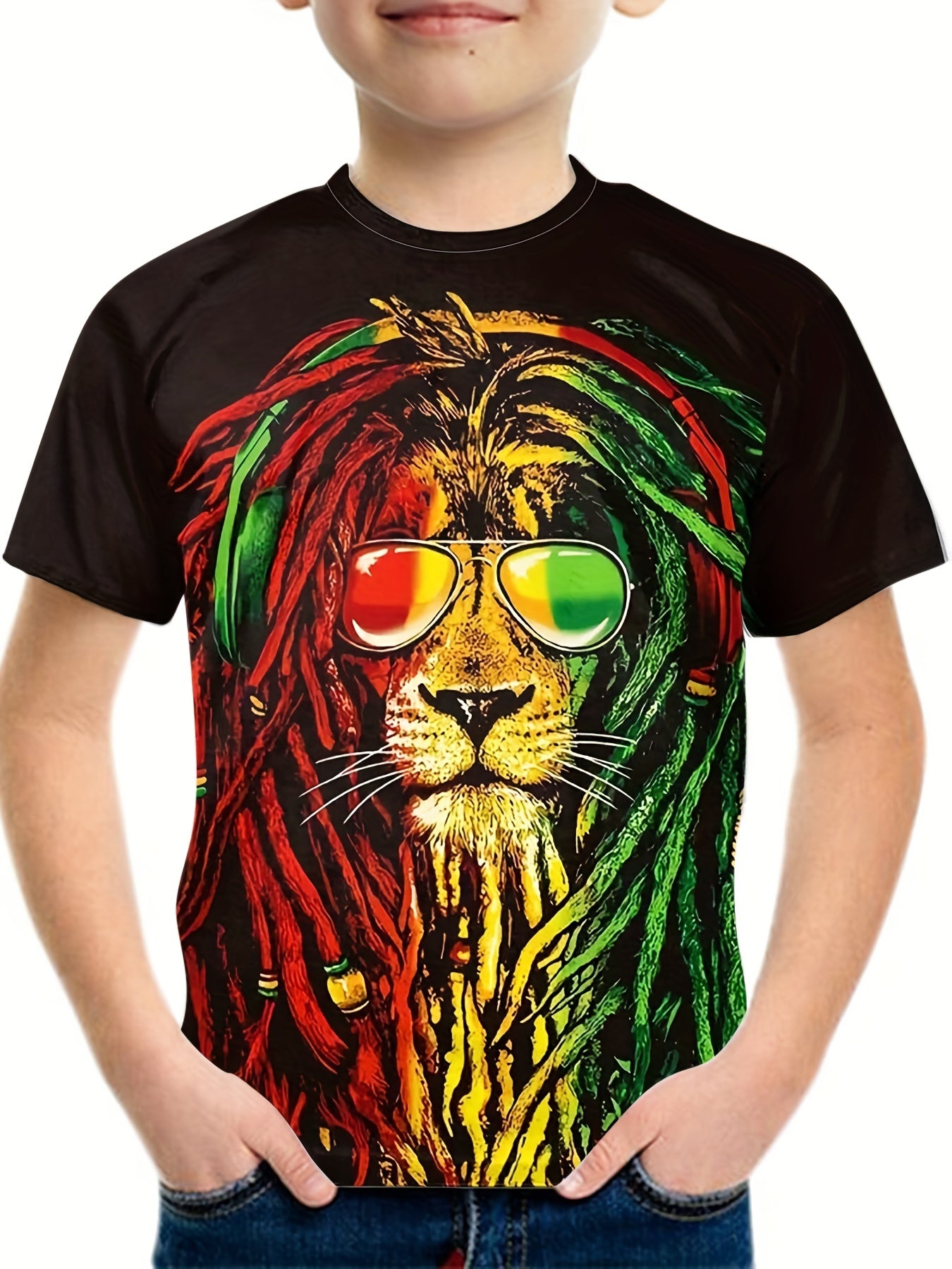 Hip Hop Lion Graphic Boys T Shirt Breathable Stretchy Casual Tee for Summer