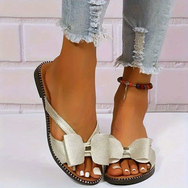 Women's Colorblock Bowknot Flat Slippers Open Toe Non-slip Slides
