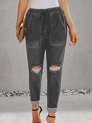 Distressed Drawstring Denim Pants Slash Pockets Ripped Jeans
