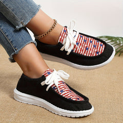 Print Round Toe Flat Lace Up Canvas Shoes