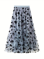 Plant Print Mesh Maxi Skirt High Waist Women's Clothing