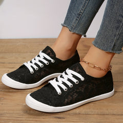 Women's Black Mesh Sneakers Lace Up Flat Shoes