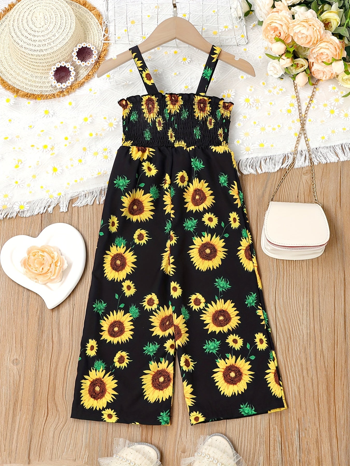Girl's Sunflower Print Shirred Jumpsuit for Summer Vacation