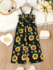 Girl's Sunflower Print Shirred Jumpsuit for Summer Vacation