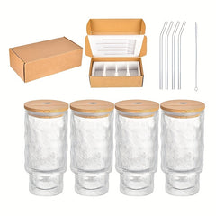 11oz Glass Cup Milk Coffee Cup Wooden Lid Straw Outdoor Fitness Camping Picnic
