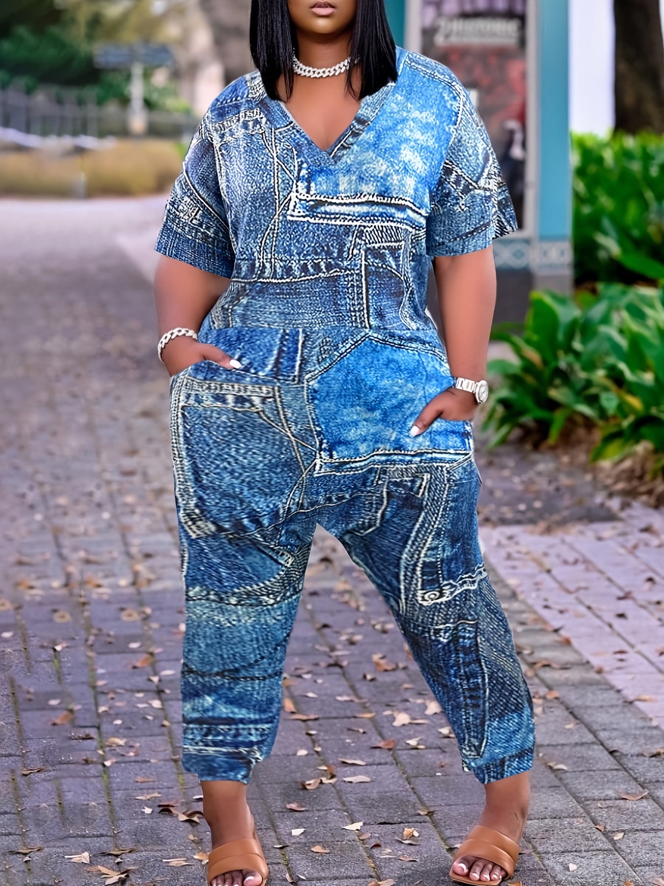 Denim Print V Neck Short Sleeve Jumpsuit With Pockets