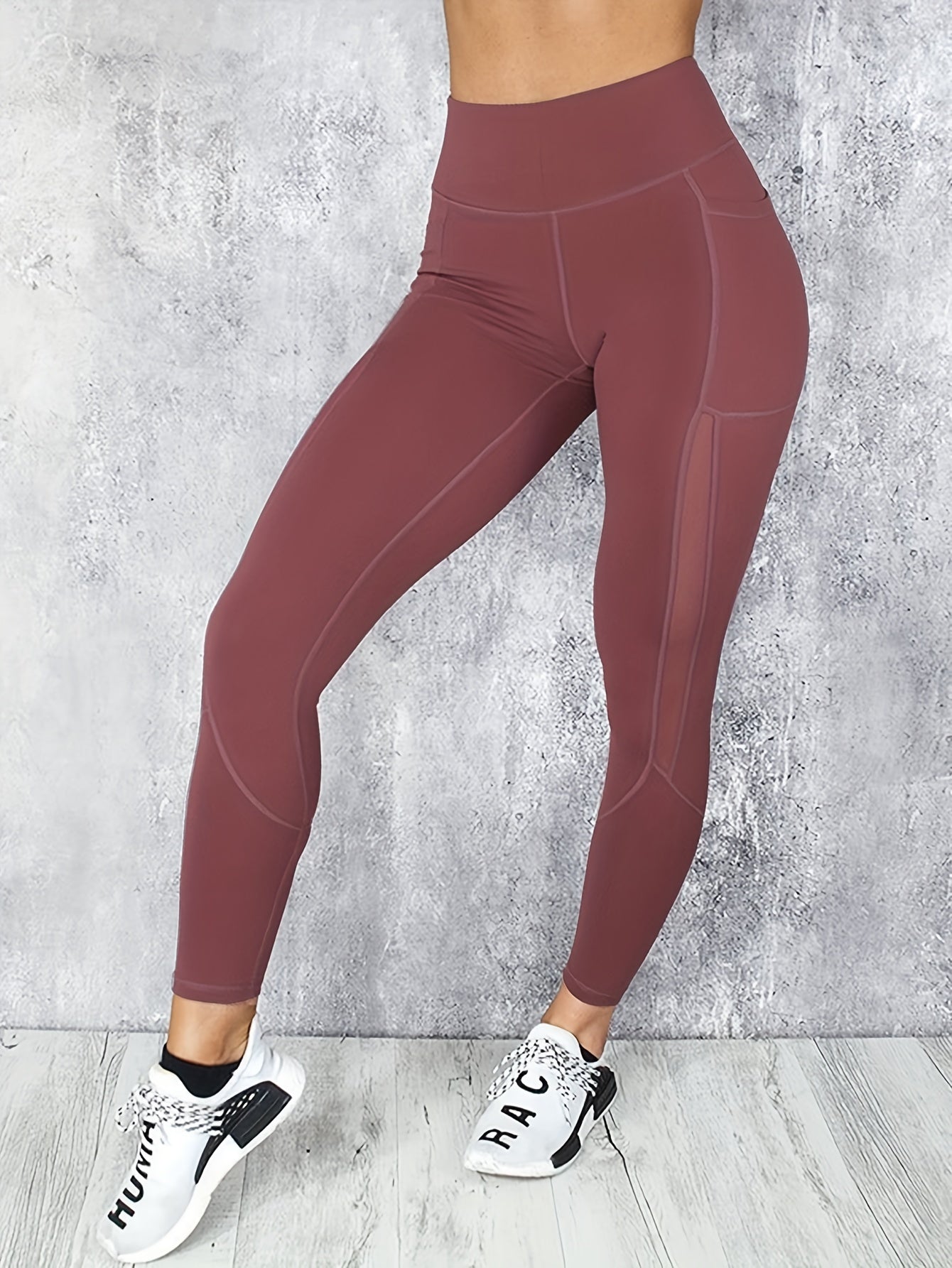 Sports Leggings Women's Plus Solid Pipping Contrast Mesh High Rise