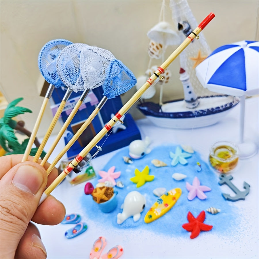 Wooden Fishing Rods with Nets Toy House Decor for Dollhouse