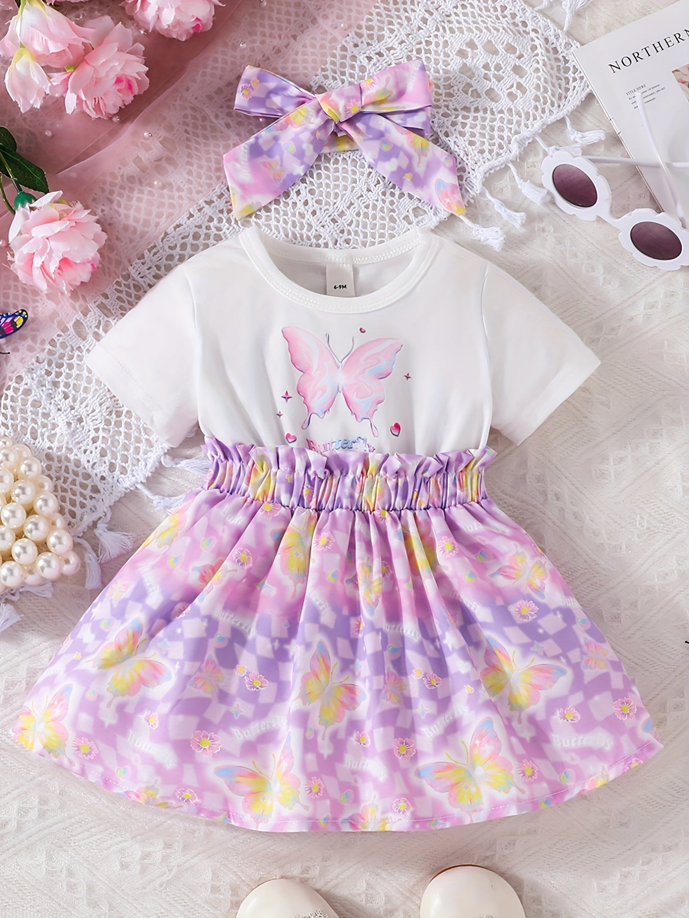 Girls Butterfly Print Pleated Dress for Summer