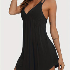 Solid V Neck Ruched Dress Sexy Spaghetti Strap