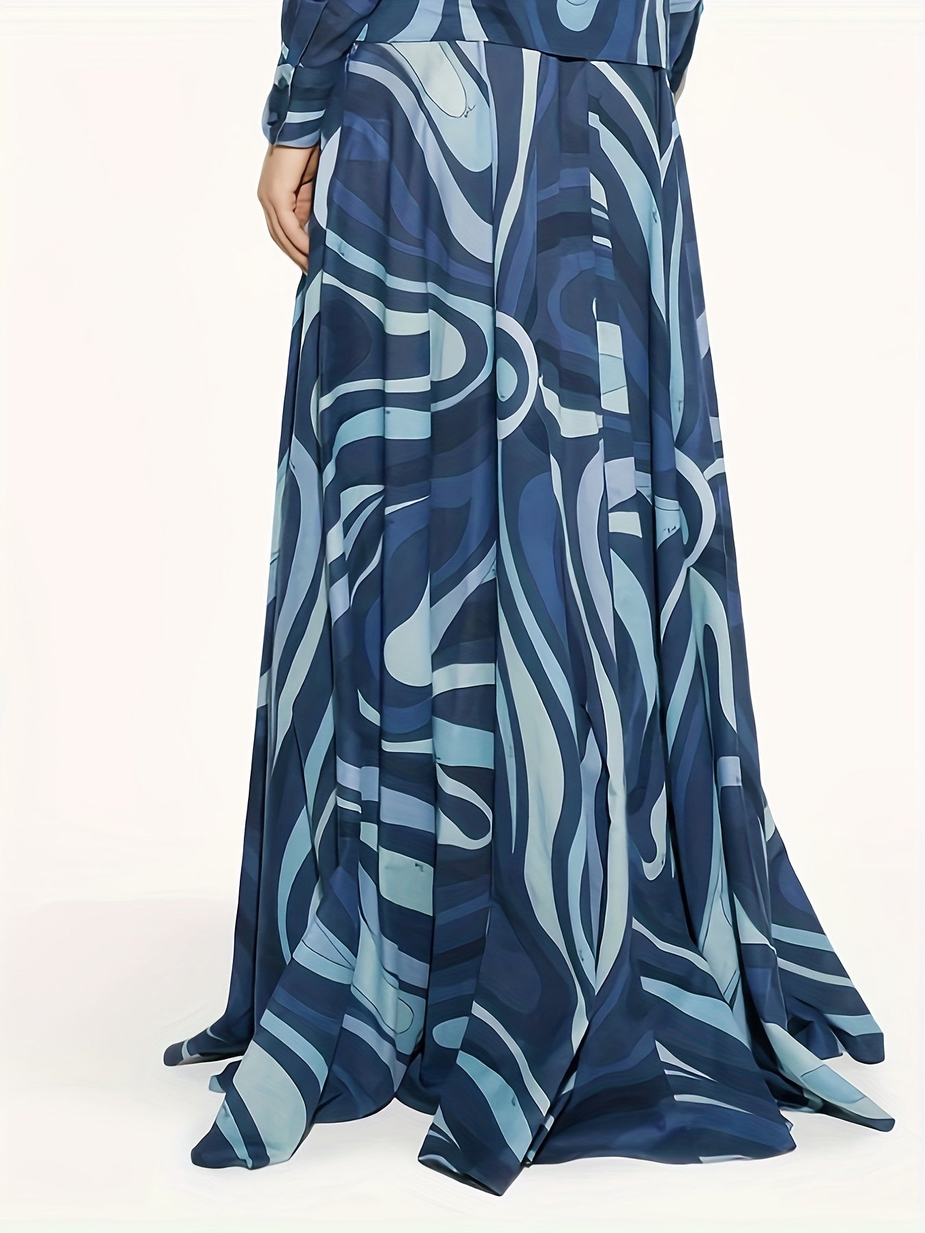Abstract Print Two Piece Skirt Set Button Front Shirt & Maxi Length Skirt
