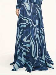 Abstract Print Two Piece Skirt Set Button Front Shirt & Maxi Length Skirt