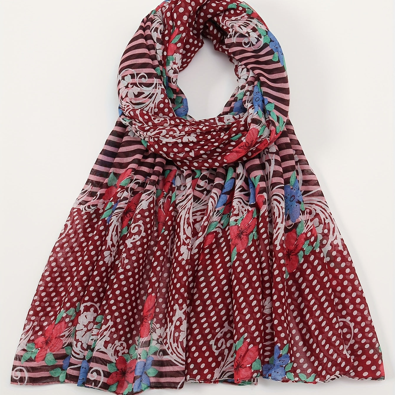 Dot Flower Print Red Scarf Classic Boho Striped Shawl
