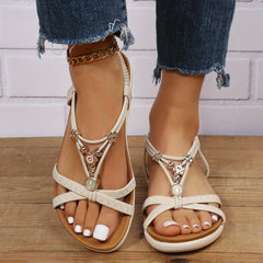 Boho Style Beads Flat Sandals Elastic Slip On Shoes