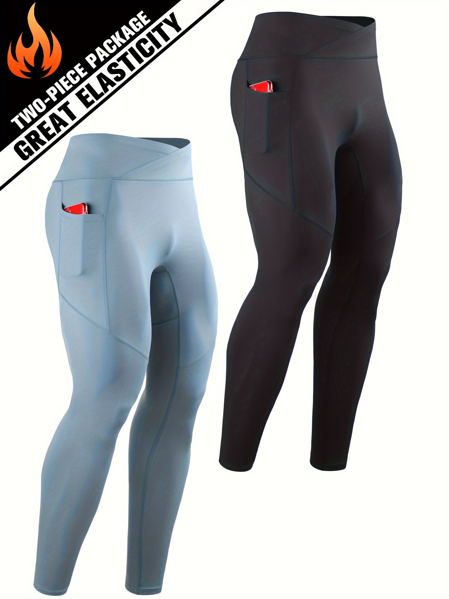 Men's Solid Pocket Leggings Active Compression Pants For Outdoor Running