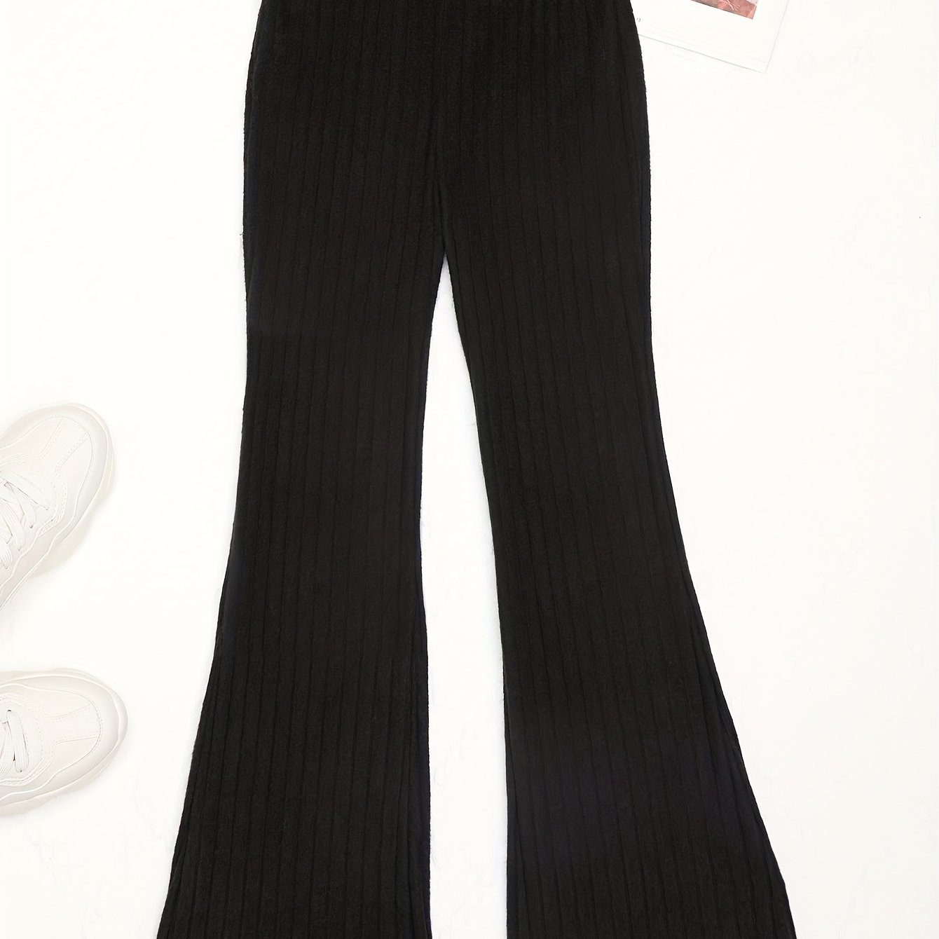 Girls Ribbed Flare Pants High Waist Loose Fit Solid